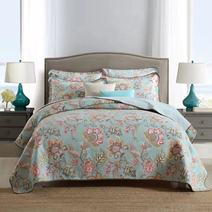 100% Cotton Quilted Bedspread – Rural Retro Bed Cover with Pillowcases for Queen & King Size