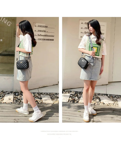 High quality women's PU rolling strip camera bag shoulder bag mobile phone bag casual crossbody bag - BeeTrendyShop.COM