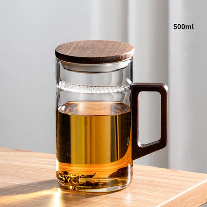 Glass Coffee Mug with Wooden Handle – Transparent Tea Cup Kitchen Coffeeware