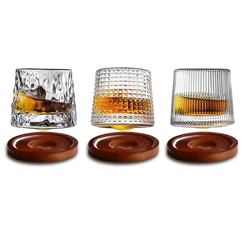 200ML Rotatable Whiskey Glass with Wooden Base – Novelty Old Fashioned Wine Cup