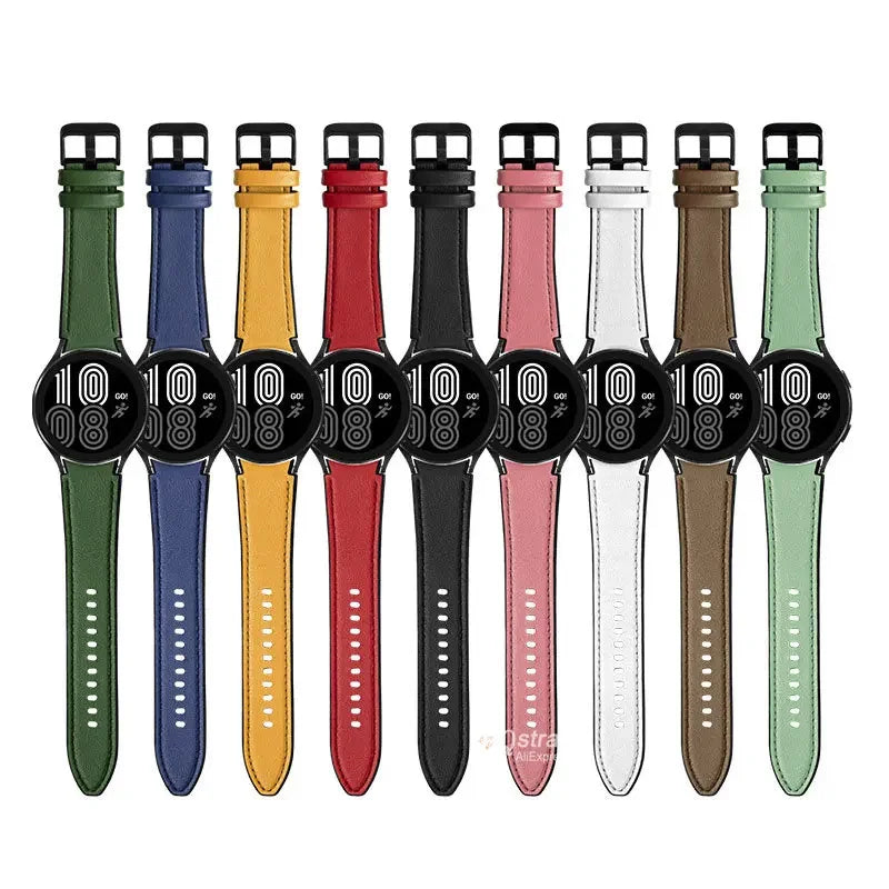 Row of watches with various colored straps on a white background
