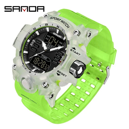 Green sports watch with digital display on a white background