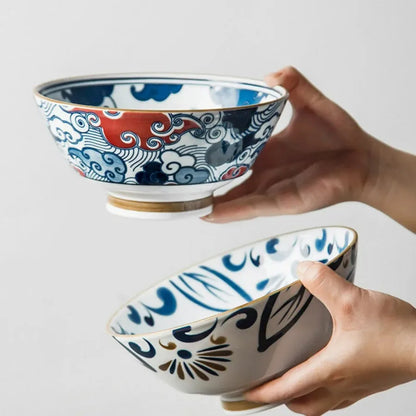 7.5-Inch Japanese Hat-Style Retro Ceramic Ramen Bowl – Fruit, Vegetable & Salad Noodle Holder