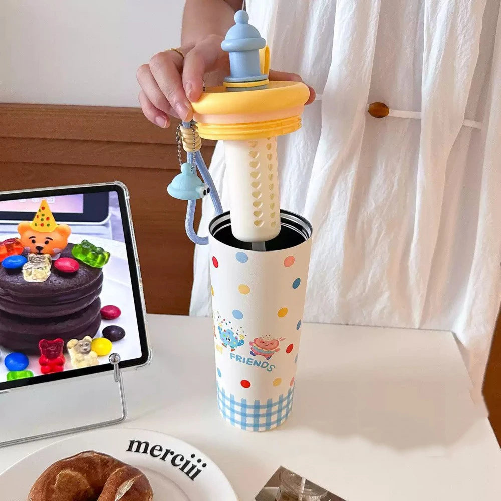 700ML Cute Thermos Bottle with Straw & Infuser – Stainless Steel Tea Cup for Women
