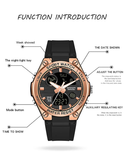 Sport watch with labeled functions on a white background
