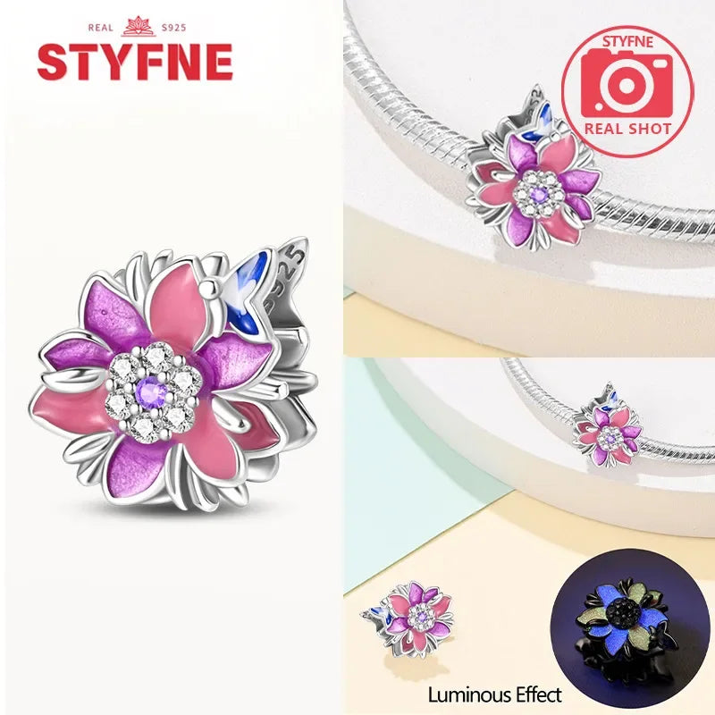 925 Silver Rose Pink Flower Shiny  Zircon Charm Beads For Original Charms Original Bracelet for Women DIY fine Jewelry Gift
