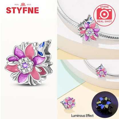 925 Sterling Silver Rose Pink Flower Zircon Charm Bead – DIY Jewelry Gift