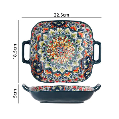Bohemian Retro Ceramic Dinner Plate Set – Household Tableware with Salad & Soup Bowls