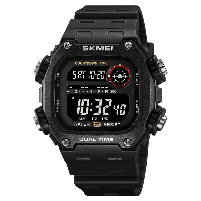 Black digital watch with multiple display options on a white background
