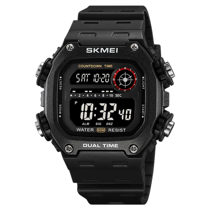 Black digital watch with multiple display options on a white background