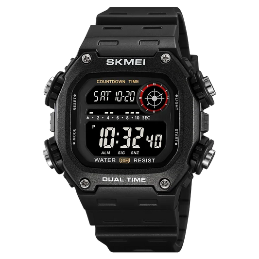 Black digital watch with multiple display options on a white background