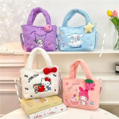 Four colorful children's handbags with cartoon characters on a white surface.