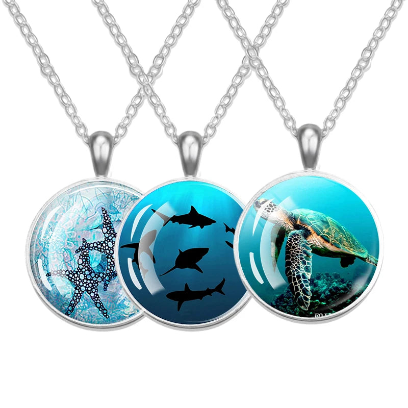 Ocean Marine Animal Glass Dome Pendant Necklace – Sea Turtle, Dolphin & Starfish Long Chain