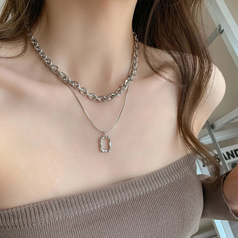 Double Link Necklaces Women Charm Layered Pendant Square Hip Hop Long Chain Punk Aesthetic Party Jewelry Accessories Gift