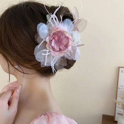 Pink Flower Hair Claw Clip – Sweet Lace Big Hairpin for Women