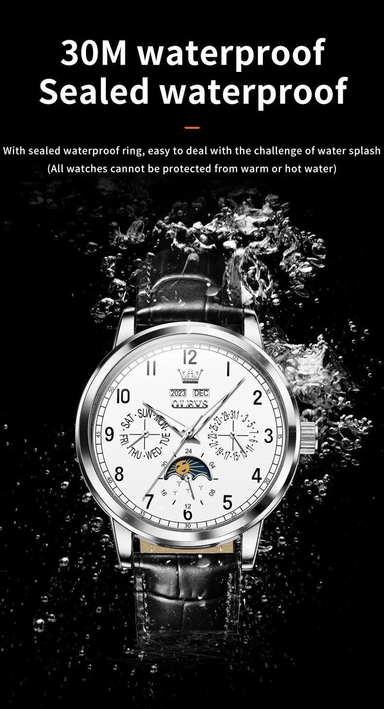 Olevs 6698 automatic watch luxury leather strap calendar waterproof luminous moon phase mechanical watch men