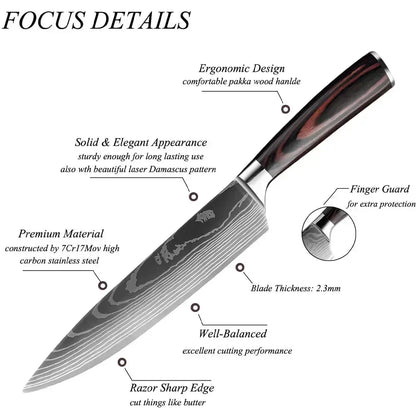 Laser Damascus Kitchen Knife Set – Cleaver, Santoku, Bread, Boning & Kitchen Scissors