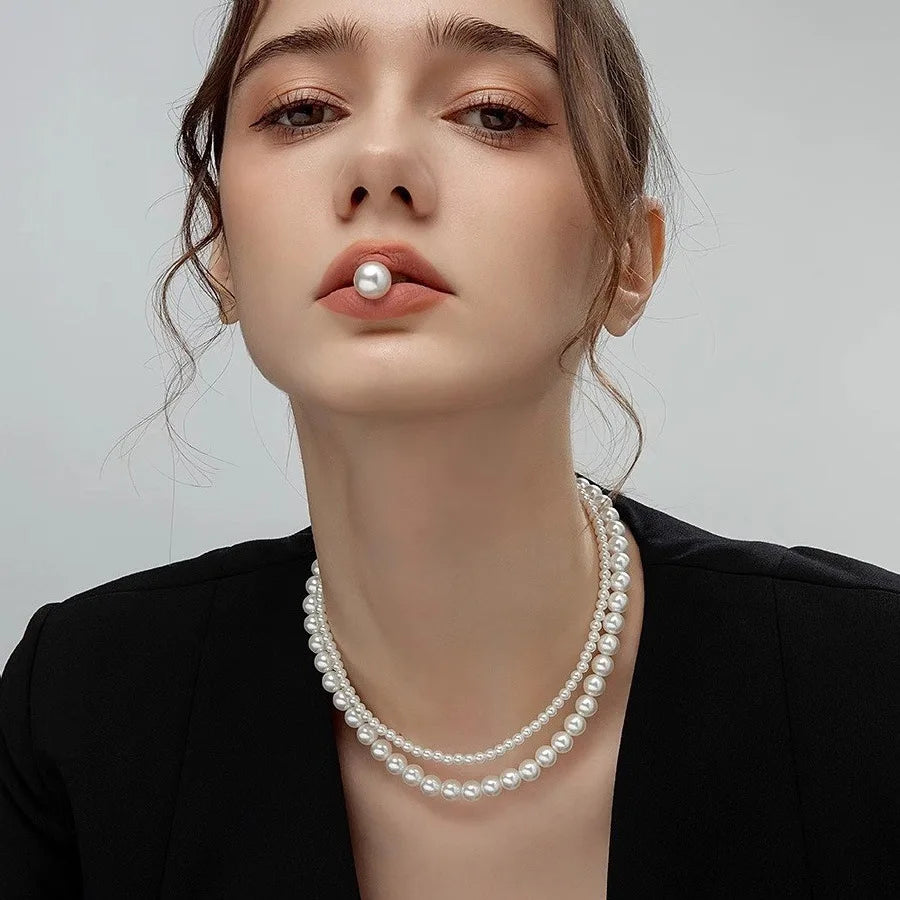 Double Layer Simulated Pearl Choker Necklace – Elegant Clavicle Chain for Women