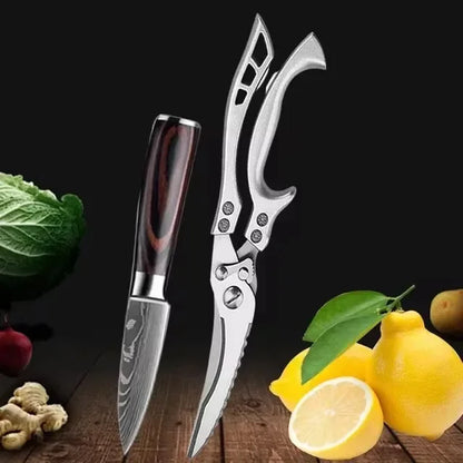 Laser Damascus Kitchen Knife Set – Cleaver, Santoku, Bread, Boning & Kitchen Scissors
