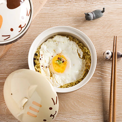 Japanese Cute Cartoon Animal Ceramic Soup Bowl with Lid – Instant Noodle & Rice Bowl Tableware
