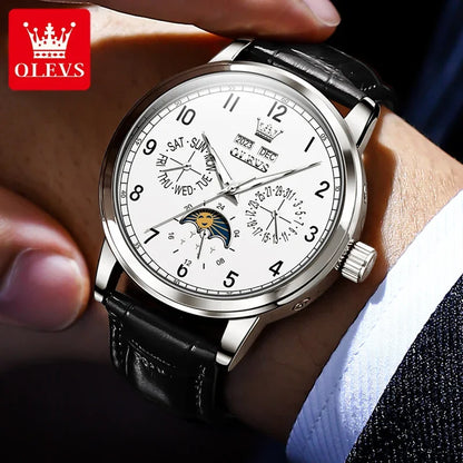 OLEVS 6698 Automatic Mechanical Watch – Luxury Leather Strap, Moon Phase, Waterproof