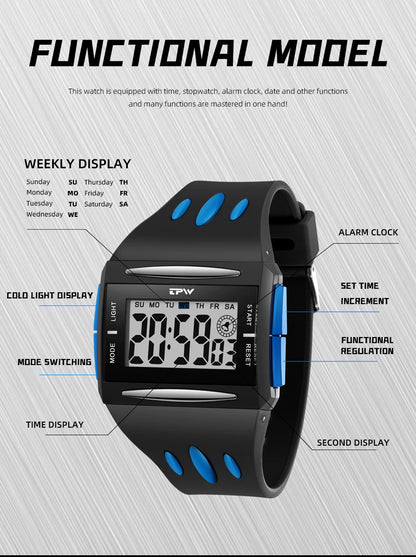 Fashion Digital Watch for Boys & Men – Luminous, Waterproof, Large Screen, Multifunction Sport