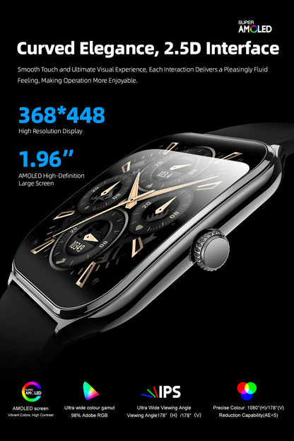 Ultra Thin Smartwatch 1.96" AMOLED – Always-On Display, Call Reminder, Compatible with Huawei & Android
