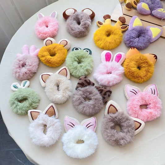 1PC 3D Plush Bunny Ear Hair Ties for Girls & Women
