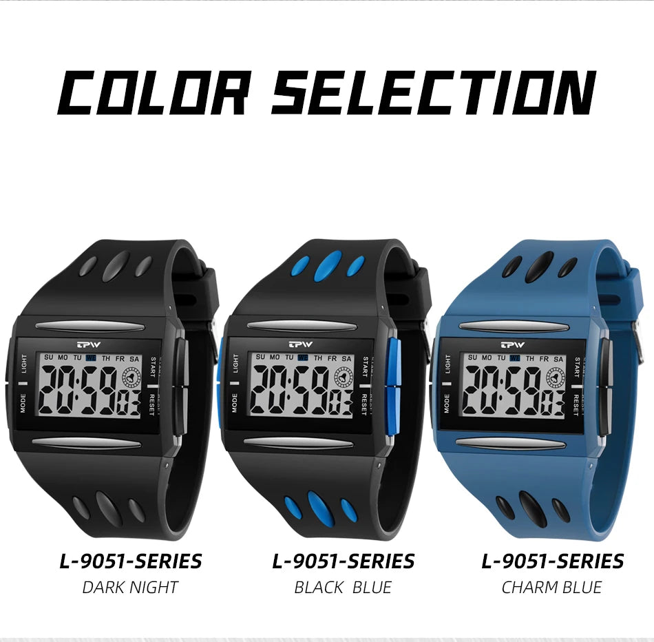 Three digital watches with different color options on a white background.
