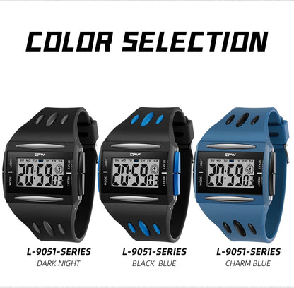 Three digital watches with different color options on a white background.
