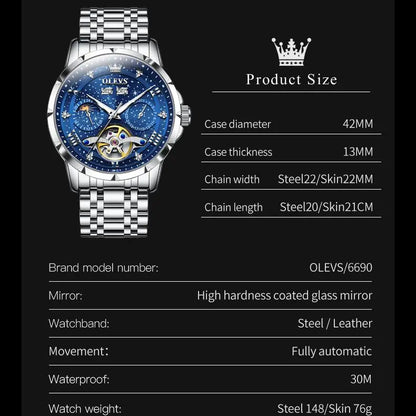 Silver watch with blue face on a black background, featuring product details.