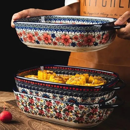 Polish-Style Ceramic Baking Tray – Oven & Microwave-Safe Large Salad & Fruit Cake Rectangular Plate