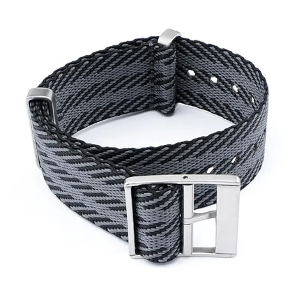 Gray woven watch strap with a silver buckle on a white background