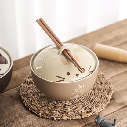 Japanese Cute Cartoon Animal Ceramic Soup Bowl with Lid – Instant Noodle & Rice Bowl Tableware