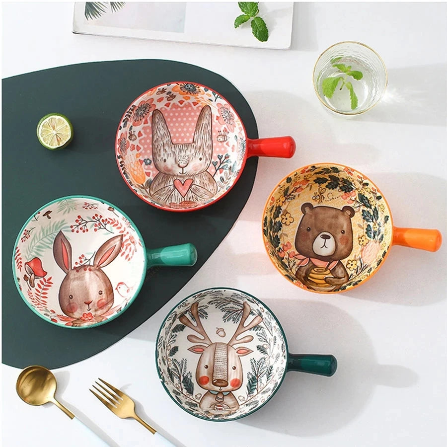 Ceramic Bakeware With Handle Forest Animals Baking Pan  Underglaze  Kitchen Tableware Salad Bowl Au Gratin Dishes