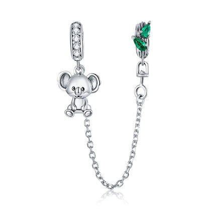 925 Sterling Silver Safety Chain Charm – Heart, Key & Flower CZ Stopper Bead