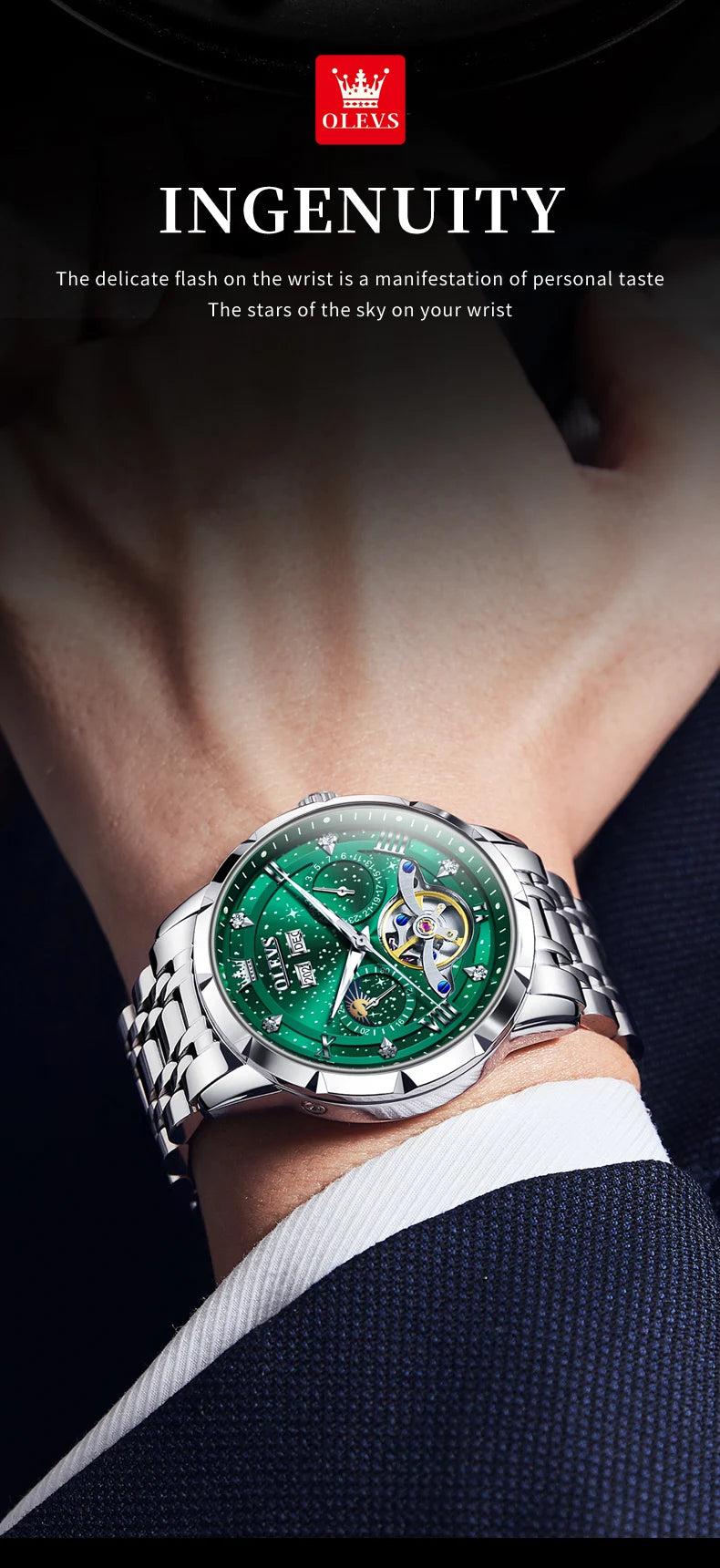 OLEVS 6689 Automatic Watch for Men Starry Sky Tourbillon Design Moon Phase Date Stainless steel Luminous Waterproof Wristwatch