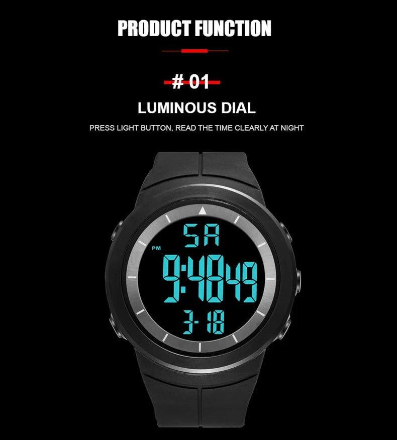 Men's Tactical Digital Watch – 50M Diving, Black LED Military, Alarm & Stopwatch
