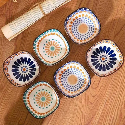 Bohemian Ceramic Sauce & Snack Bowl – Small Square Japanese Style Pickle & Condiment Dish