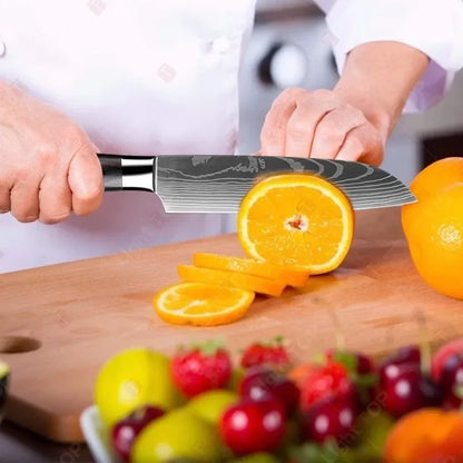 Laser Damascus Kitchen Knife Set – Cleaver, Santoku, Bread, Boning & Kitchen Scissors