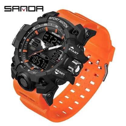Sanda sports watch with orange strap and black casing on a white background