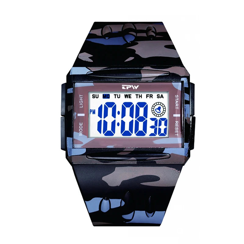 Digital watch with camouflage strap on a white background