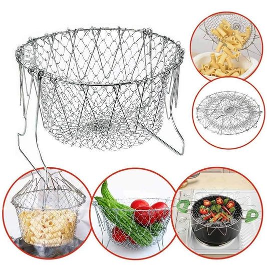 1PC Stainless Steel Deep Fry Basket Telescopic Foldable Frying Basket Kitchen Wire Mesh French Chip Frying Serving