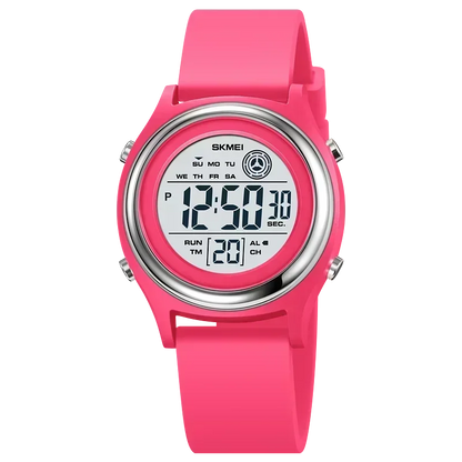 Pink digital watch with a white background