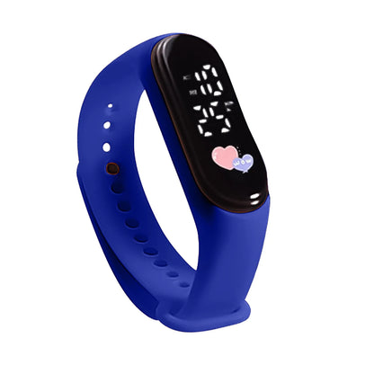 Blue smartwatch with a digital display on a white background