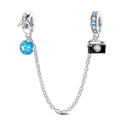 925 Sterling Silver Safety Chain Travel Charm Beads – Aircraft, Earth & Camera
