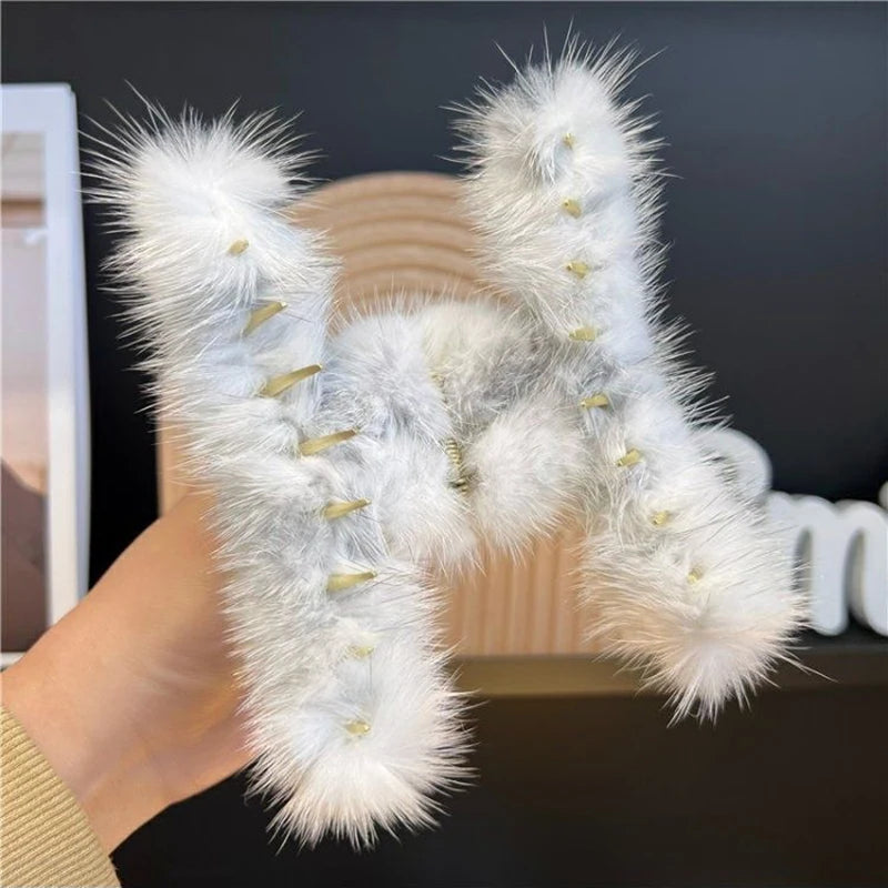 Faux Fur Ponytail Hair Claw Clip – Fluffy Shark Clip for Women & Girls