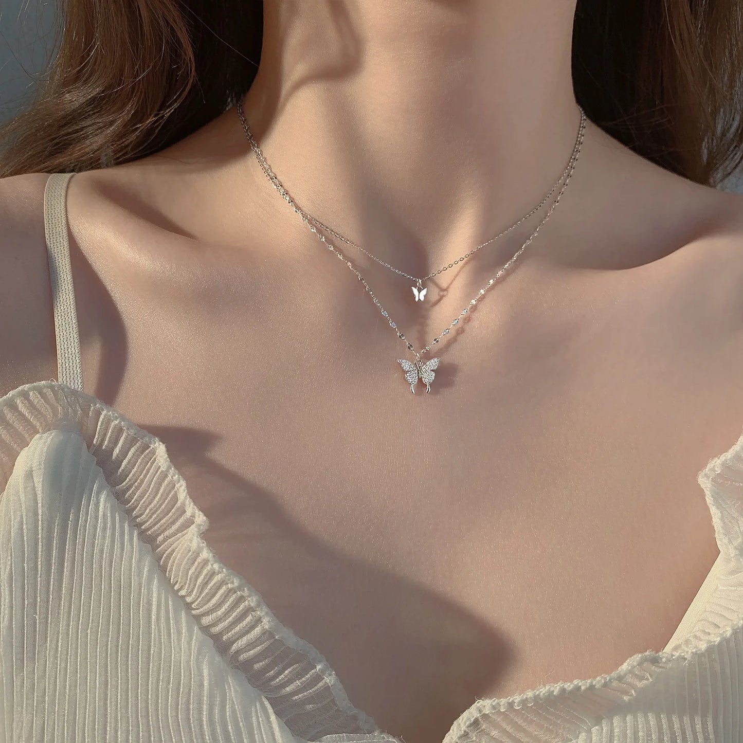 Double Layer Butterfly Collarbone Necklace – Light Luxury Stainless Steel Pendant for Women