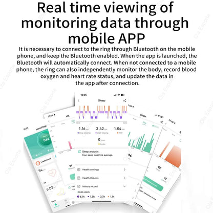 Mobile app interface for monitoring health data with graphs and statistics on a white background.