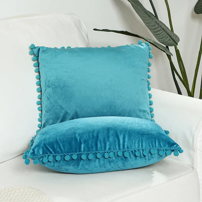 Soft Velvet Decorative Cushion Cover with Pom-Pom Ball – Sofa & Bedroom Pillowcase Blue Pink